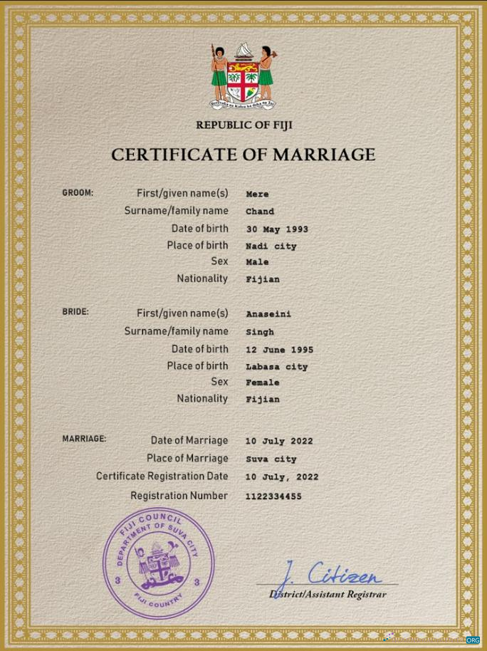 Download Fiji marriage certificate PSD template Photoshop template